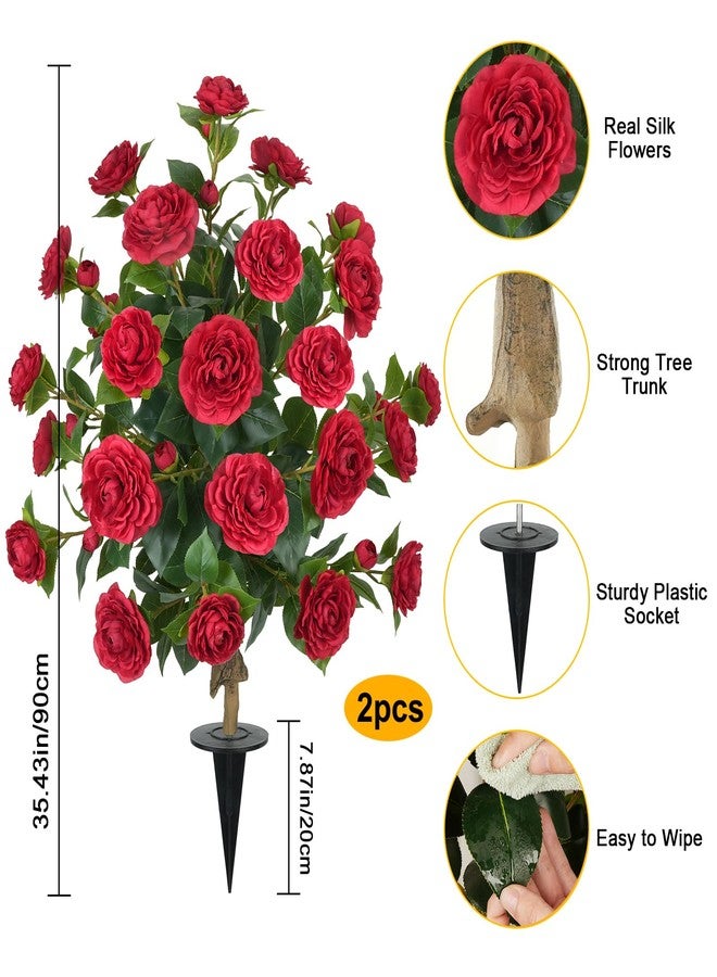 MHMJON 2 Packs 35.4" Artificial Camellia Tree Outdoor, 3FT Fake Flower Trees UV Resistant Faux Bushes Outdoor for Patio Porch Garden Indoor Flower Pots Home Decoration (Red) - Image 2